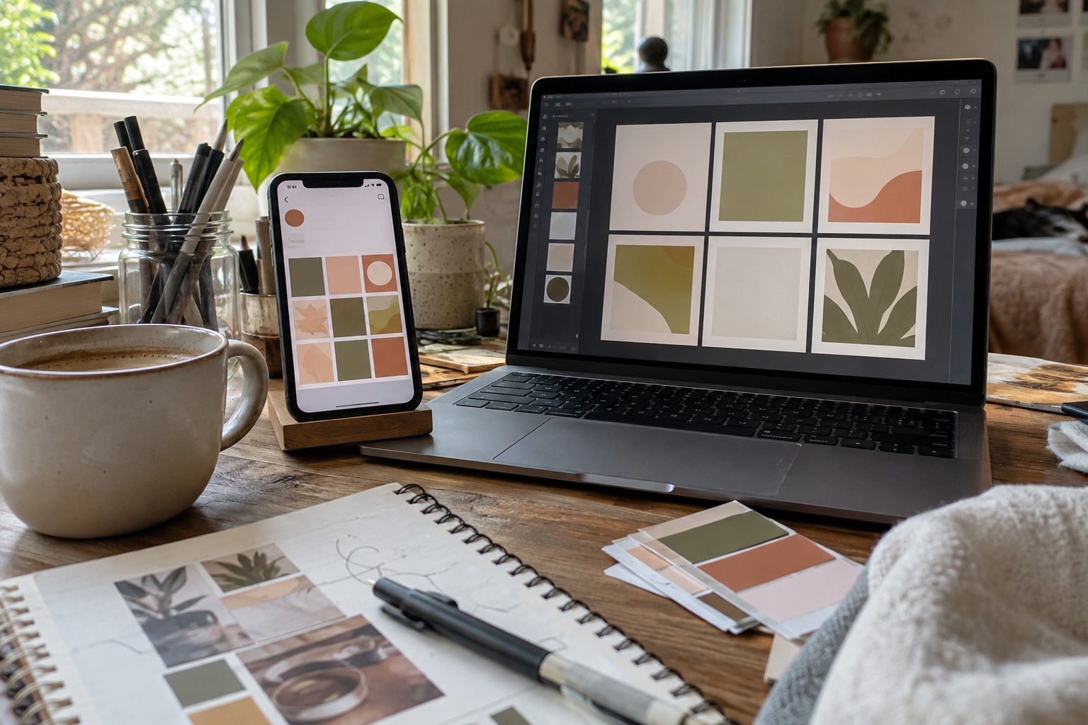 Telefon ekranında Instagram profil ızgarası, yanında renk kartelası ve laptop