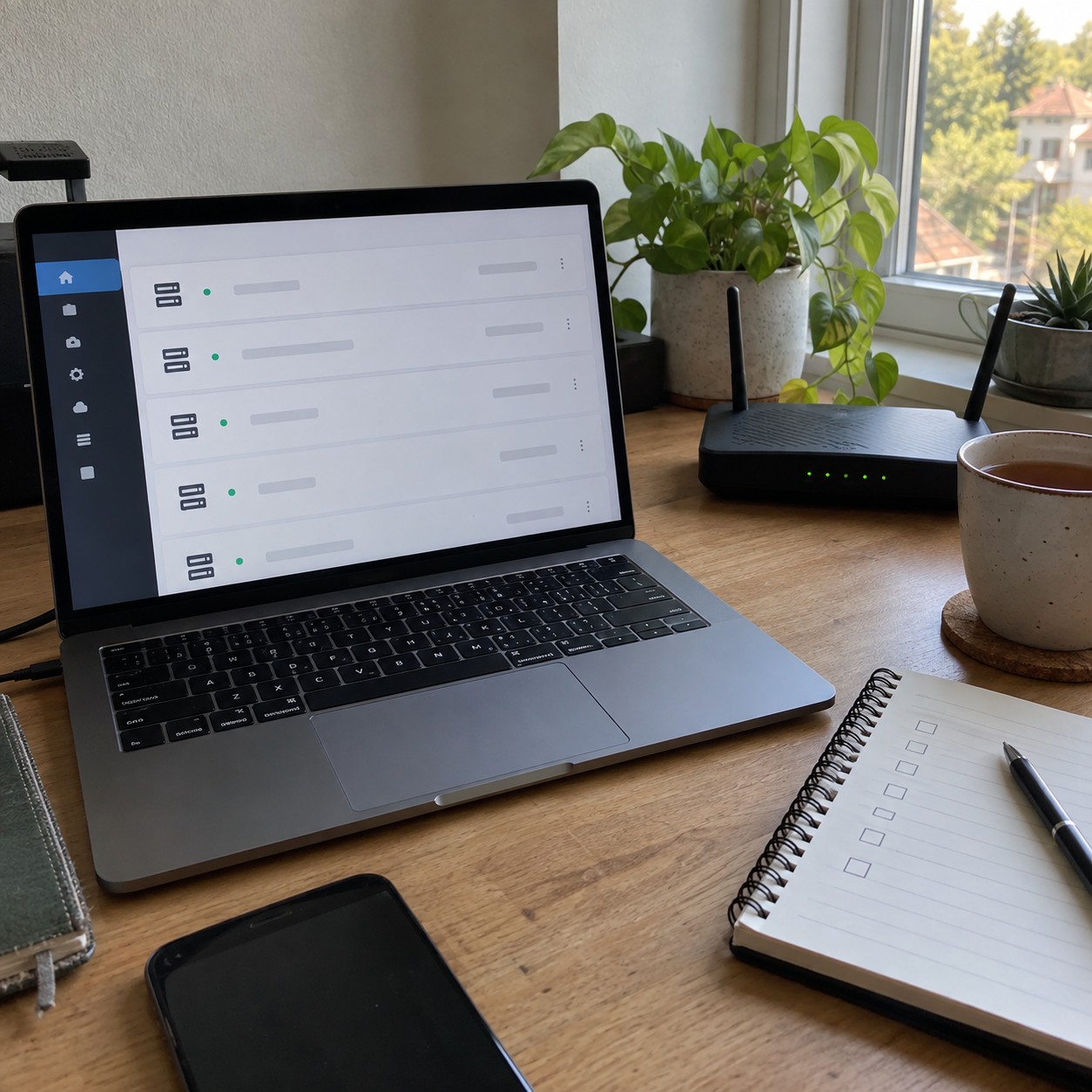 Masada laptop, küçük yeşil ışıklı modem ve boş kontrol listesi defter